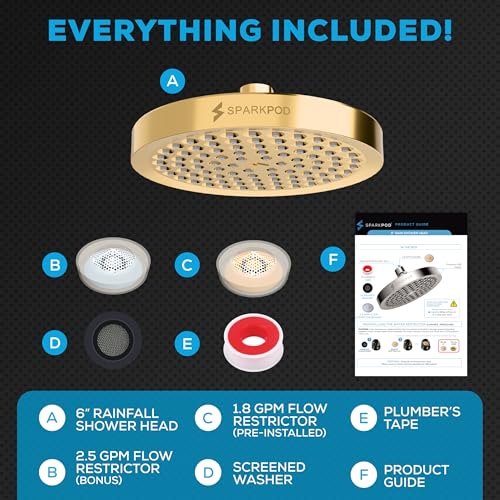 SparkPod Rain Shower Head, 6 Inch Round, Egyptian Gold Finish | High Pressure Shower Heads, 90 Nozzles, Adjustable Showerhead, No Tools Needed, Universal Connection - color: Egyptian Gold, style: 6 Inch Round