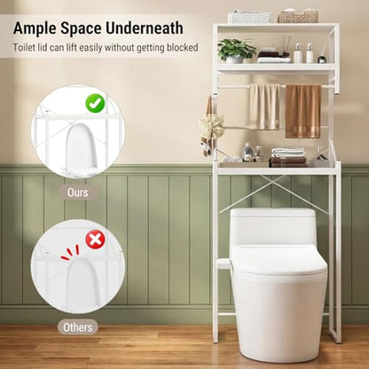 Tangkula 3-Tier Over The Toilet Storage, 64” Tall Bathroom Shelf Space Saver with Hanging Bar, 3 S-Shaped Hooks, Metal Legs, Freestanding Above Toilet Bathroom Organizer for Laundry Room, White
