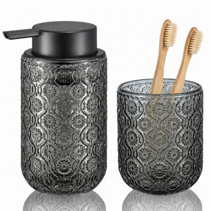 Bathroom soap Dispenser and Toothbrush Holder Set | Bathroom Accessories 2 pack cup and toothpaste holder grey glass - color: Deep Gray