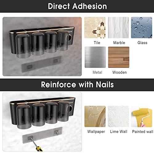 iHave Toothbrush Holders for Bathrooms Wall Mounted with Dispenser & 4 Cups | 12 Slots Wall Mount Toothbrush Holders for Bathrooms with Squeeze Toothpaste Dispenser, 4 Cups & 4 Compartments Organizer - color: Black 4 Cups