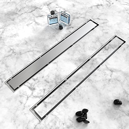 2-in-1 Linear Shower Drain 18" Brushed Nickel, with Tile Insert Grate | 304 Stainless Steel, Rectangle Shower Floor Drain, with Leveling Feet, for Bathroom, Kitchen, Remodel Shower, Tile Floor - color: Brushed Nickel, size: 18IN