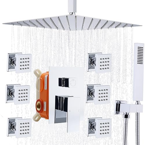 Enga Shower Body Jet System 12 Inch Ceiling Mounted Rainfall Shower Head with 6 Body Sprays and Handshower, Brass Shower Faucet Rough-in Mixer Valve, Chrome - color: Chrome, style: Ceiling Mount - 6 Jets