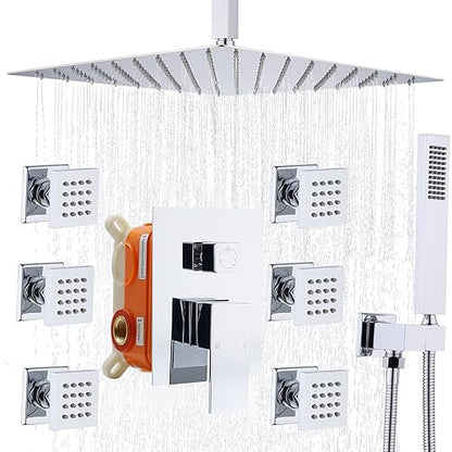 Enga Shower Body Jet System 12 Inch Ceiling Mounted Rainfall Shower Head with 6 Body Sprays and Handshower, Brass Shower Faucet Rough-in Mixer Valve, Chrome - color: Chrome, style: Ceiling Mount - 6 Jets