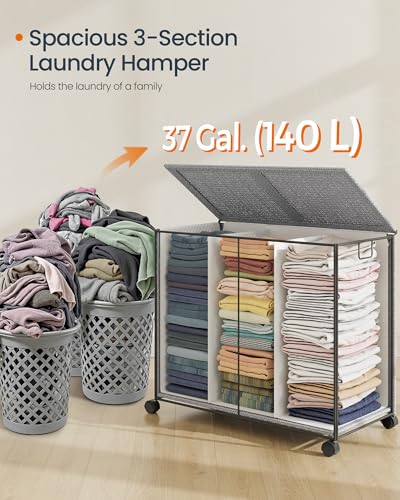 SONGMICS HOME Laundry Hamper with 3 Section, 140 L, Rattan, with Wheels | Rolling Clothes Basket with Lid, Removable Liner with Handles, Gray and Black, PEZZO Collection ULCB602G01 - color: Dove Gray + Matte White, size: 140 L