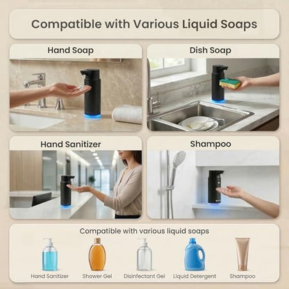 GentleJet CrystalJet Automatic Liquid Soap Dispenser Touchless Sensor, Stainless Steel, USB-C Rechargeable, Waterproof Kitchen & Bathroom Countertop Soap Dispenser, 300 ml - color: Black