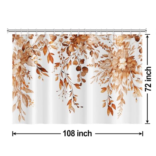 Brown Eucalyptus Shower Curtain Extra Wide 108x72 inch 18 Hooks | Waterproof Spring Leaves Shower Curtain Set for Bathroom, Soft and Lightweight, Machine Washable - color: Brown, size: 108"W x 72"L (Pack of 1)