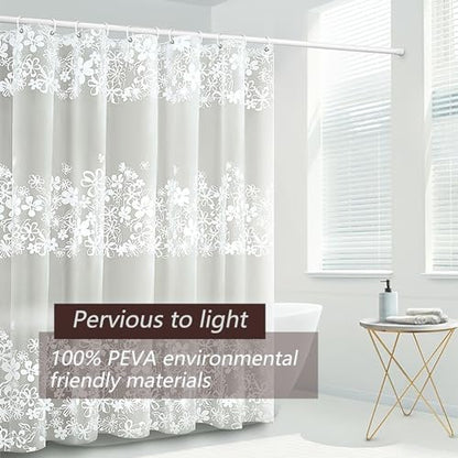 TIKABC Shower Curtain Liner, 4G PEVA Shower Liner, Plastic Waterproof Shower Curtains, with Grommet Holes and 3 Magnetic Weights(White Flower) - color: White Flower