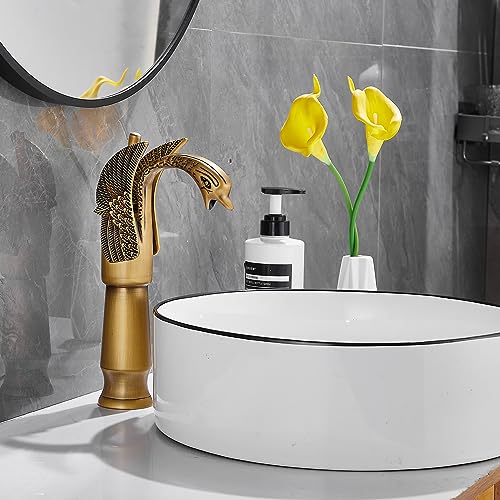 Antique Brass Swan Shape Single Handle One Hole Bathroom Vessel Sink Faucet Deck Mount Lavatory Sink Faucet - color: Antique Brass, size: Tall