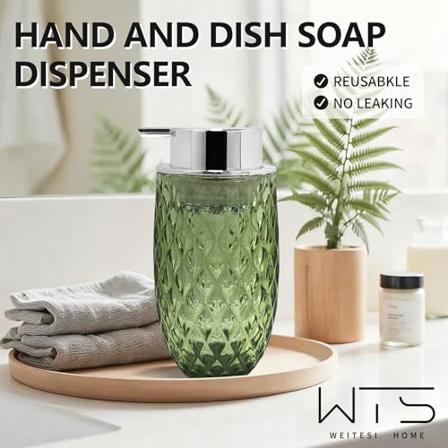 Glass Foaming Soap Dispenser, 10.5oz Foaming Pump Bottle with Silvery Pump for Bathroom, Kitchen, Refillable Bathroom Lotion Container Pump Bottle with Vintage Pattern, Green