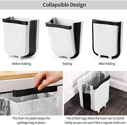 Hanging Trash Can for Kitchen Cabinet, Wall-Mounted Trash Can Foldable Waste Bins for Door Bedroom Dorm Room Car - Large Capacity 9L (White)