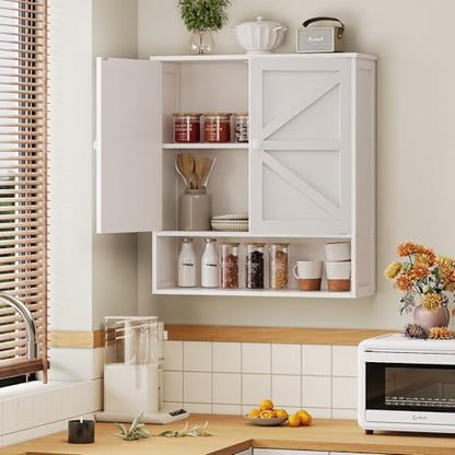 Bathroom Wall Cabinet, White 25.9" x 23.6" Over The Toilet Storage Cabinet, Bamboo Wall Mounted Bathroom Cabinet with Adjustable Shelves for Kitchen & Laundry Room (White)