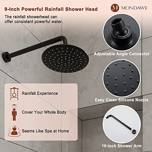 MONDAWE 9 Inch Wall Mounted Shower Faucet Set in Oil Rubbed Bronze, Rainfall Shower Head with 3-Setting Handheld Spray Shower Set Combo, High Pressure Shower System with Solid Brass Valve - color: Oil Rubbed Bronze, style: 9 IN - Without Tub Spout