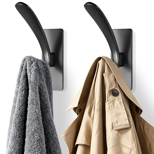 Self Adhesive Towel Hooks, Matte Black Metal Hooks,Waterproof Stainless Steel Hanger Coat Hooks for Hanging Coat,Towels, Bath Robe in Bathroom Kitchen Home - size: 2 Pack-Rectangular Double Hook