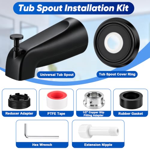 Universal Matte Black Tub Spout with Diverter, Metal Cover and Adapter | Pull Down Bathroom Tub Faucet Replacement, for 1/2" Copper Pipe, 1/2" IPS & 3/4" IPS threaded, Bathtub Spout with Hex Wrench - color: Black