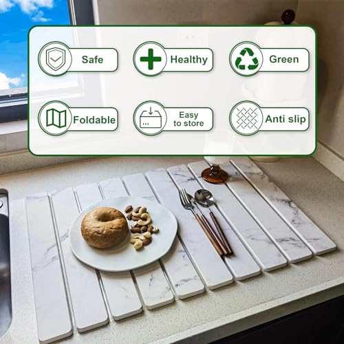 Large Stone Dish Drying Mat for Kitchen Counter, 24"×16" Quick Dry Collapsible Diatomaceous Earth Mat – Super Absorbent Foldable Drying Pad for Dishes (Marble White, 23.2" x 15.4") - color: Marble White