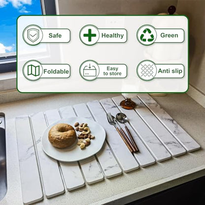 Large Stone Dish Drying Mat for Kitchen Counter, 24"×16" Quick Dry Collapsible Diatomaceous Earth Mat – Super Absorbent Foldable Drying Pad for Dishes (Marble White, 23.2" x 15.4") - color: Marble White