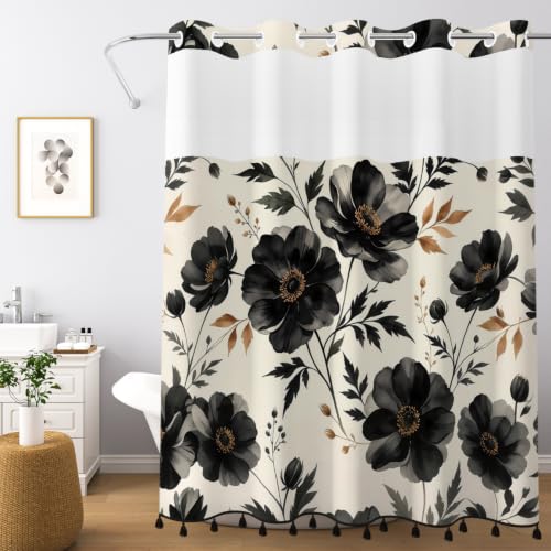 Black Floral Shower Curtain with Snap in Liner & Tassels, 71W x 77L | No Hook Needed, Double Layer Waterproof Fabric with Mesh Top, Dark Botanical Flower Design for Modern & Farmhouse Bathroom - color: Black Floral
