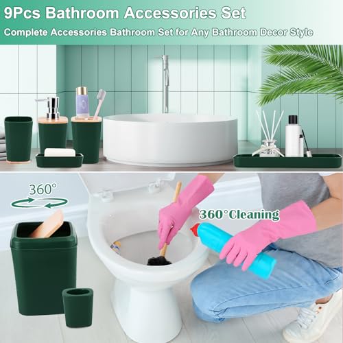 Bathroom Accessory Set 9 Piece Hunter Green Bathroom Set with Trash Can Bathroom Accessories Green Bathroom Decor - size: Bath Set, style: Dark Green