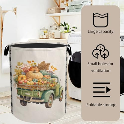 Fall Pumpkin Truck Large Clothes Hamper Bag - Laundry Basket with Handles, Space Saving Foldable Design for Nursery - color: Fall Pumpkin Truck