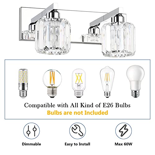 Aipsun Bathroom Vanity Lighting Fixtures Crystal Vanity Lights for Bathroom 2 Lights Stainless Steel Wall Lighting Fixtures(Exclude Bulb) - color: Chrome (Round), size: 15 inch