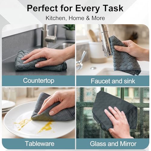 Dual-Sided Microfiber Cloths, 12x12 Lint-Free 6-Pack | Zig-zag side traps grease, soft side polishes. Streak & lint-free for home/auto. Stain-hiding grey, washable 12x12 6-pack.