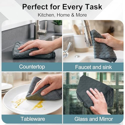 Dual-Sided Microfiber Cloths, 12x12 Lint-Free 6-Pack | Zig-zag side traps grease, soft side polishes. Streak & lint-free for home/auto. Stain-hiding grey, washable 12x12 6-pack.