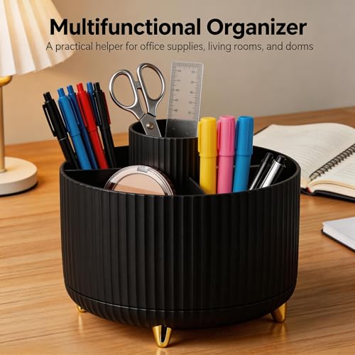 360 Rotating Makeup Brush Holder Organizer, 5-Slot Black Spinning Cup for Women, Vanity Desk & Bathroom Storage for Cosmetics and Beauty Tools Accessories