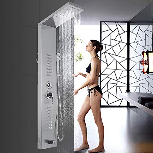 Rainfall Shower Panel Tower Stainless Steel Multi-Function Shower Panel System with Body Massage Jets Tub Resort