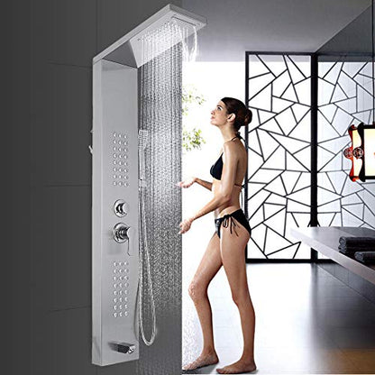 Rainfall Shower Panel Tower Stainless Steel Multi-Function Shower Panel System with Body Massage Jets Tub Resort