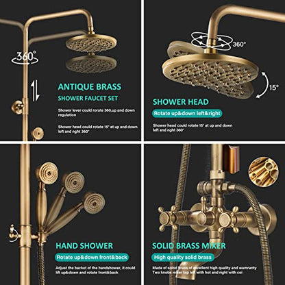 NeierThodore Antique Brass 8-Inch Bathroom Shower Faucet System Rainfall Shower Head Wall-Mounted Dual Cross Handle Bathtub Shower Mixer Tap with Hand Sprayer - color: Antique Brass, size: 8 Inch 3 Modes