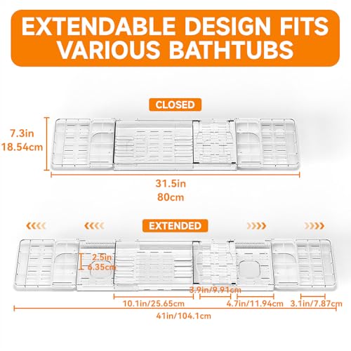 Expandable Bathtub Tray - Lightweight Adjustable Bath Caddy, Spa Organizer with Holder for Phone, Book & Wine Glass (Extra Long)