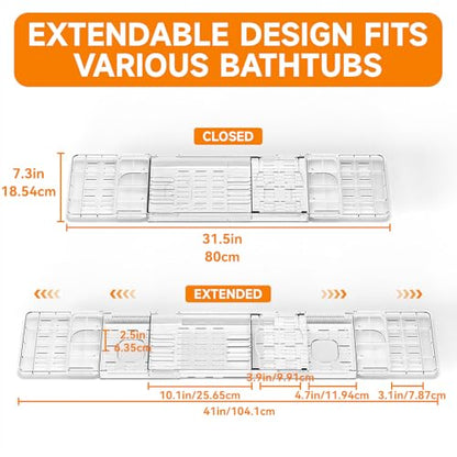Expandable Bathtub Tray - Lightweight Adjustable Bath Caddy, Spa Organizer with Holder for Phone, Book & Wine Glass (Extra Long)