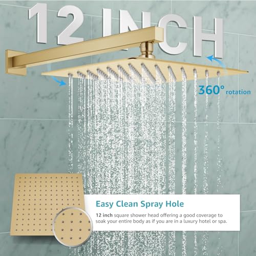 gotonovo Rainfall Bathroom Shower System Rain Shower Head and Handle Set Wall Mounted Shower Complete Combo Solid Brass Pressure Balancing Shower Mixer Valve 12 Inch Brushed Gold - color: Brushed Gold, size: 12 Inch