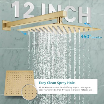 gotonovo Rainfall Bathroom Shower System Rain Shower Head and Handle Set Wall Mounted Shower Complete Combo Solid Brass Pressure Balancing Shower Mixer Valve 12 Inch Brushed Gold - color: Brushed Gold, size: 12 Inch