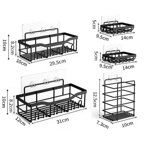 Durable Rustproof Shower Caddy 5 Pack, Stainless Steel Bathroom Storage Accessories, No Drilling Adhesive Shower Organizer, Hanging Bathroom Rack Shelves with Soap Razor Holder Set, Black