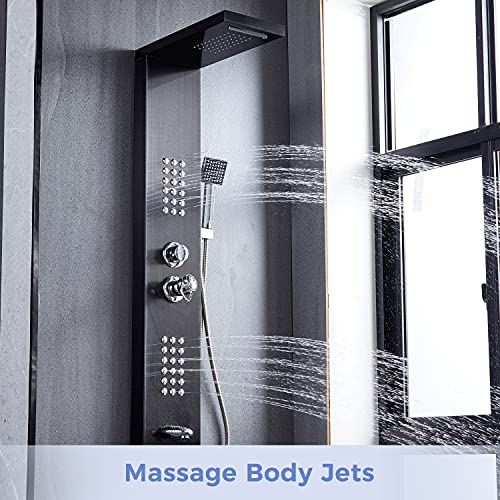 Delavin Multi Fuction Shower Panel, Shower Tower, Rainfall Waterfall Stainless Steel Shower Panel Tower System, Full Body Shower System with Body Jets, Tub Spout, Handheld Shower, Brushed Black | Stainless Steel, Rainfall Waterfall, Body Jets, Tub Spout,