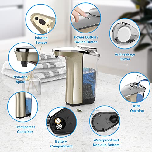 Automatic Soap Dispenser, 17oz Touchless Liquid Dish Soap Dispenser Kitchen | 17OZ Large Capacity, Infrared Sensor, 5 Adjustable Soap Levels, Hand Dispenser for Bathroom Kitchen Sink, Battery Operated - color: Champagne Gold