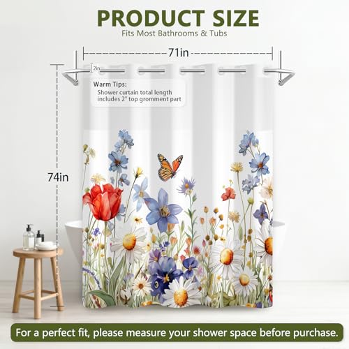 No Hook Shower Curtain and Liner Set, Waterproof Farmhouse Shower Curtain with Weighted Hem and Sheer Top Window, Double Layer Garden Floral Shower Curtains for Bathroom, 71x74 Inches - color: Spring Garden