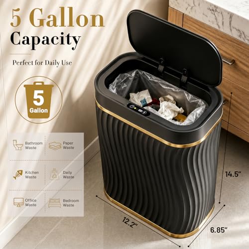Ogikey Bathroom Trash Can with Lid, 5 Gallon Automatic Touchless Garbage Can, Motion Sensor Smart Trash Bin, Slim Waterproof Waste Bin for Living Room, Bedroom, Office, Kitche - color: 5 gallon-black gold