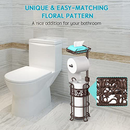 Upgraded Toilet Paper Holder Stand for Bathroom, Holds 3 Big Rolls of Jumbo Mega Paper, Top Shelf for Wipes Tissue, Sturdy Freestanding Paper Roll Dispenser, Floral Pattern, Bronze Red - color: Bronze Red