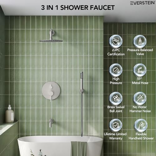 10" High-Pressure Rainfall Shower System with Handheld Spray, Wall Mount Bathroom Shower Faucet Set with Tub Spout (Brushed Nickel) - color: Brushed Nickel, style: With Tub Spout