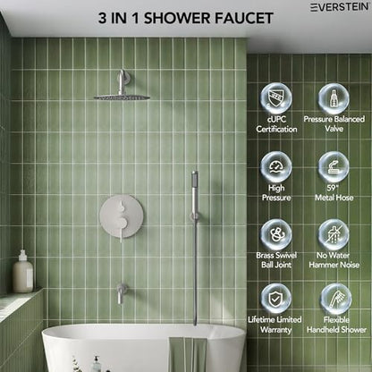10" High-Pressure Rainfall Shower System with Handheld Spray, Wall Mount Bathroom Shower Faucet Set with Tub Spout (Brushed Nickel) - color: Brushed Nickel, style: With Tub Spout