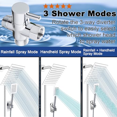 High Pressure 6'' Rainfall Shower Head with Handheld Combo, Wosaisius All Metal Waterfall Showerhead, Dual Shower Head with 78" Shower Hose, 3-Way Diverter, Adhesive Shower Holder, Chrome - color: Square#Chrome