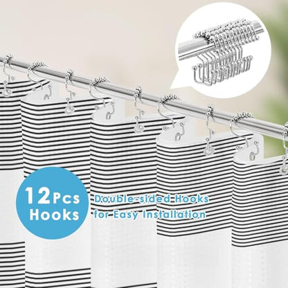 3 in 1 Shower Curtain and Liner,72 x 72 inch, Striped Black | Shower Curtain and PEVA Liner Set with 12 Rust-Resistant Metal Hooks, Waterproof Fabric Curtains for Bathroom - color: Black