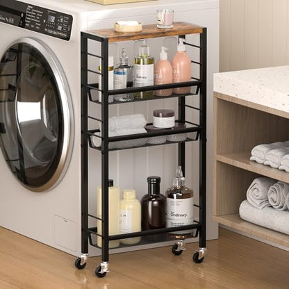 Narrow Storage Cart with Wheels,4-Tier Narrow Kitchen Carts Slim Rolling Cart,Skinny Storage Cart for Small Spaces,Rolling Utility Cart for Livingroom,Diningroom,Office,Laundry Room,Bathroom