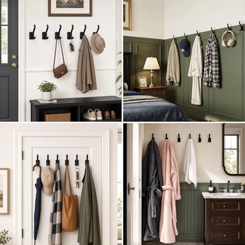 Coat Hooks Heavy Duty - Metal Wall Hooks Wall Mount with Concealed Screw Design Matte Black Hooks for Hanging Towel, Key, Robe, Scarf, Entryway Closet Mudroom Bathroom (4, Black)