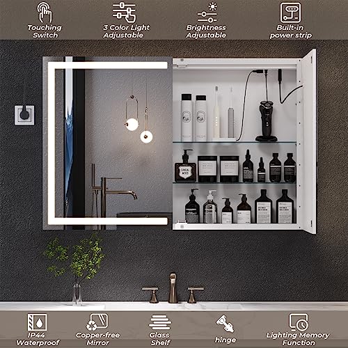 Lighted Medicine Cabinet with Mirror, Wall Mounted Bathroom Mirror with Storage, 2 Doors Bathroom Wall Cabinet with LED Lights, 35.4'' x 23.6'' - size: 35.4'' x 23.6'' With 2 Doors