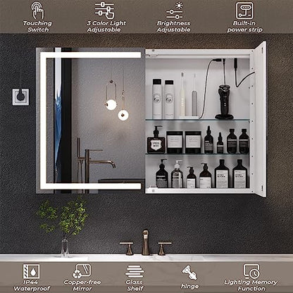 Lighted Medicine Cabinet with Mirror, Wall Mounted Bathroom Mirror with Storage, 2 Doors Bathroom Wall Cabinet with LED Lights, 35.4'' x 23.6'' - size: 35.4'' x 23.6'' With 2 Doors
