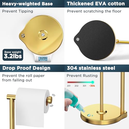 theaoo Heavy-Duty Toilet Paper Holder Stand, Bathroom Storage, Gold | Freestanding Toilet Tissue Paper Roll Holder with Reserve Storage. Stainless Steel Stand For Bathroom, Holds Extra Rolls - color: Brushed Gold