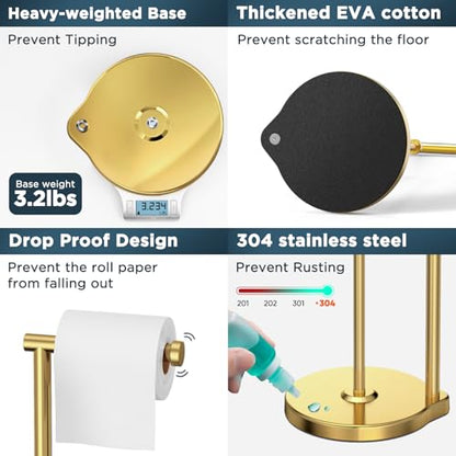 theaoo Heavy-Duty Toilet Paper Holder Stand, Bathroom Storage, Gold | Freestanding Toilet Tissue Paper Roll Holder with Reserve Storage. Stainless Steel Stand For Bathroom, Holds Extra Rolls - color: Brushed Gold